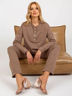 Komplety damskie - Komplet casualowy brązowy casual bluza i spodnie dekolt stójka rękaw długi nogawka prosta długość długa guziki - grafika 1