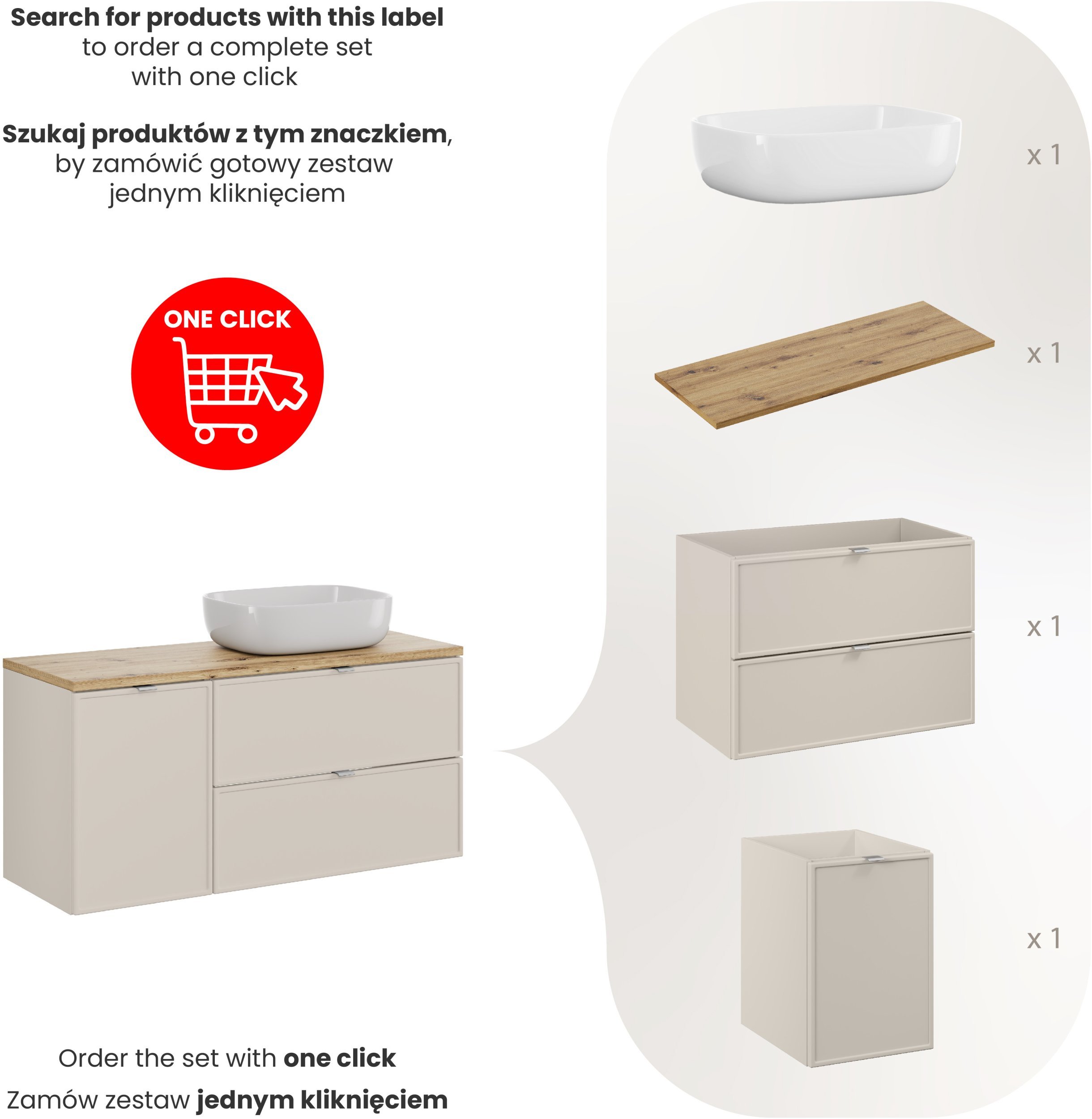 Zestaw meblowy 120cm z blatem i umywalką nablatową Smile