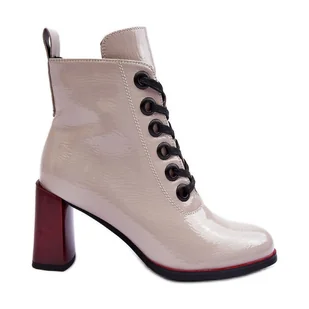 Lakierowane Sznurowane Botki Na Słupku S.Barski MR870-15 Jasnoszare - Botki damskie - miniaturka - grafika 1