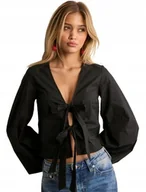 Bluzki damskie - Nelly Damska Bluzka Czarna Gładka Z Wiązanami Z Przodu 42 Drk - miniaturka - grafika 1