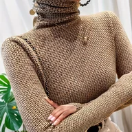 Swetry damskie - TEMU Sweter z Wysokim Kołnierzykiem dla Kobiet - Elegancki Pulower w Geometryczne Wzory Brązowo-Czarne, Średnio Elastyczny na Jesień i Zimę, Nadający - miniaturka - grafika 1