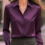 Koszule damskie - TEMU Elegancka Burgundowa (Głęboki Fiolet) Koszula Damska z Długim Rękawem - Kołnierzyk w Szpic, Jednorzędowe Zapięcie na Guziki, Sylwetka H-Line, - miniaturka - grafika 1