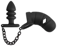 Korki analne - Black Velvets Cock Cage with Butt Plug - miniaturka - grafika 1