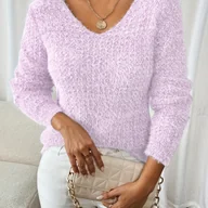 Swetry damskie - TEMU Damski elegancki, puszysty sweter z długim rękawem i wycięciem w kształcie litery V - miękki, rozciągliwy, jednokolorowy pulower na - miniaturka - grafika 1