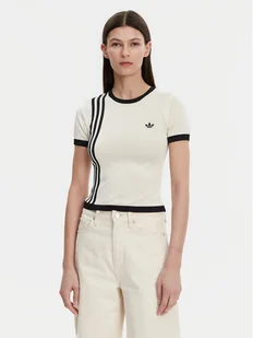 adidas T-Shirt Knitted 3-Stripes JJ0961 Beżowy Slim Fit - Koszulki i topy damskie - miniaturka - grafika 1