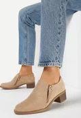 Półbuty damskie - Ciemnobeżowe Półbuty na Niskim Słupku z Ozdobnym Suwakiem Aricca - miniaturka - grafika 1