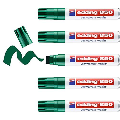 edding 850 Marker permanentny - zielony - 5 długopisów - ścięta końcówka 5-15 mm - do dużych oznaczeń - szybkoschnący, odporny na wodę i ścieranie - do kartonu, plastiku, drewna, metalu, szkła