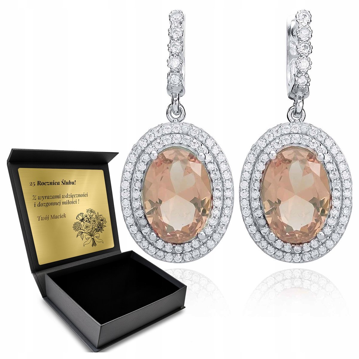Kolczyki Srebrne 925 Z Cyrkoniami Morganitem Biżuteria Dla Kobiety + Grawer