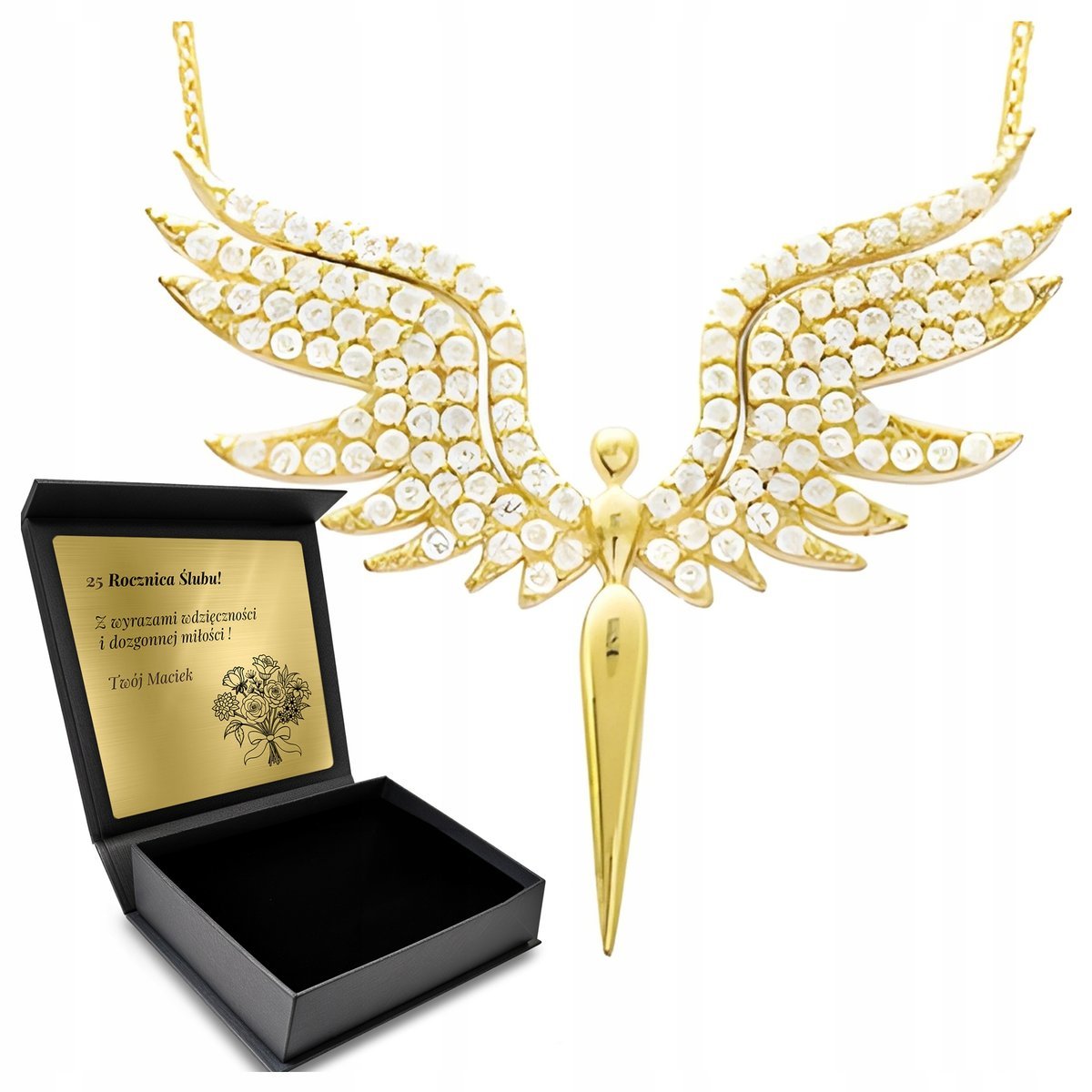 Łańcuszek Naszyjnik Złoty Srebrny Z Cyrkoniami Anioł Ze Skrzydłami + Grawer