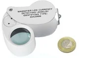 Lunety i akcesoria - Kieszonkowa Składana Lupa Jubilerska (powiększenie 40x!!) + 2x LED + Ultrafiolet (UV) + Pudełko. - miniaturka - grafika 1