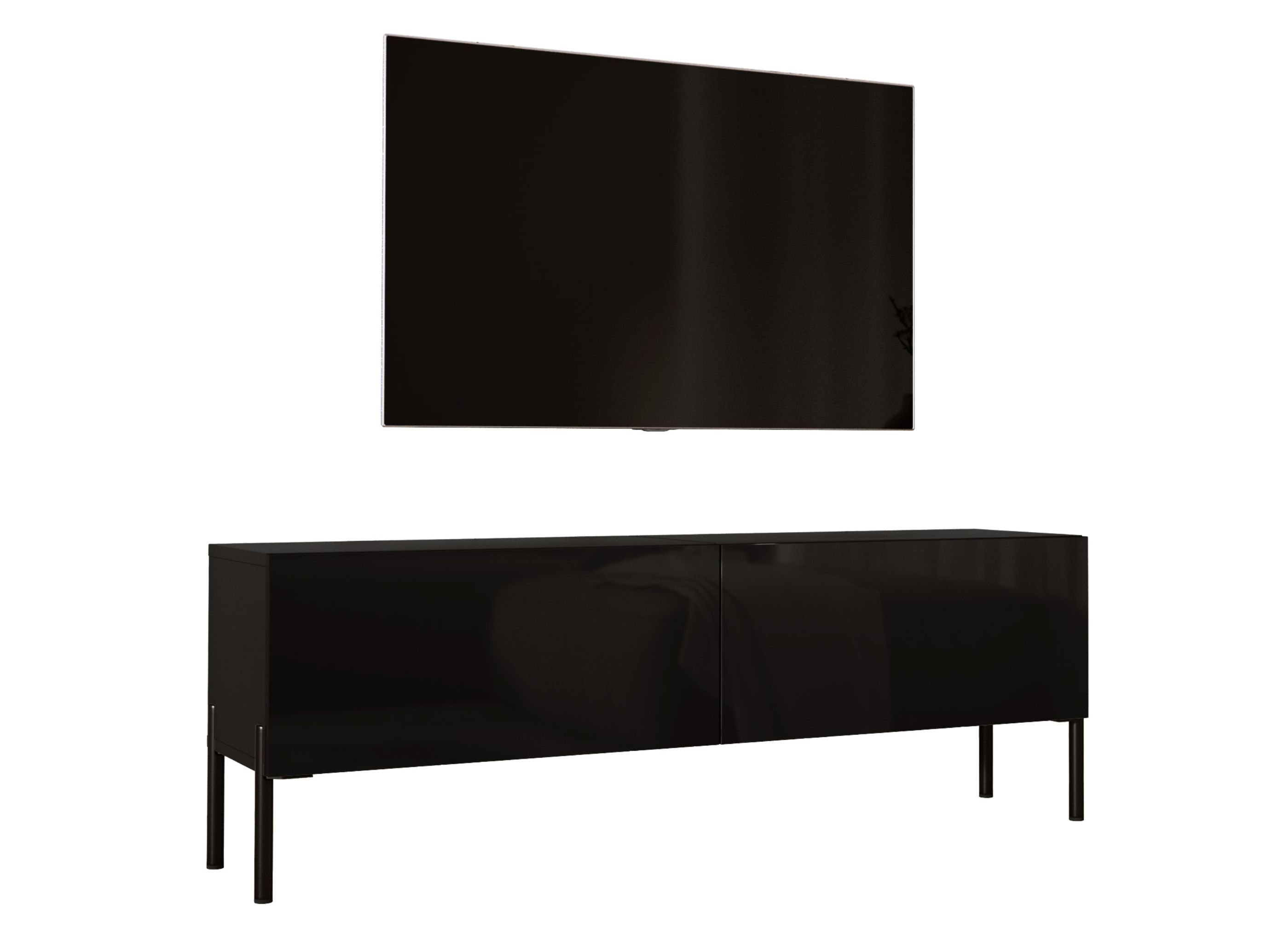 Szafka pod telewizor w kolorze czarnym matowym z nogami w kolorze czarnym, A: szer: 140 cm cm, wys: 52 cm, gł: 32 cm. Meble pod telewizor, stolik pod telewizor, ława pod telewizor