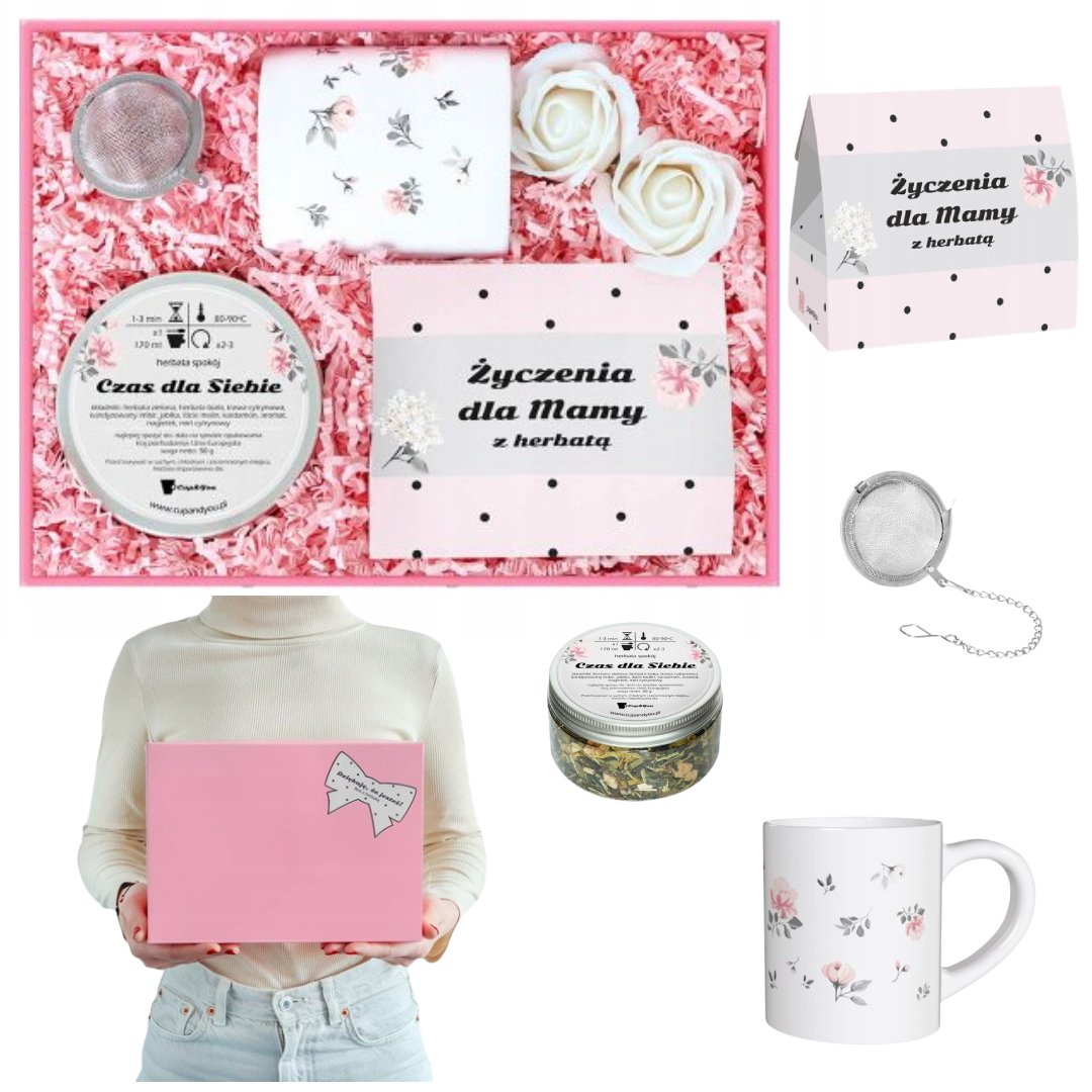 Zestaw prezentowy Box Dla Mamy z herbatą czekoladą kubkiem i różami