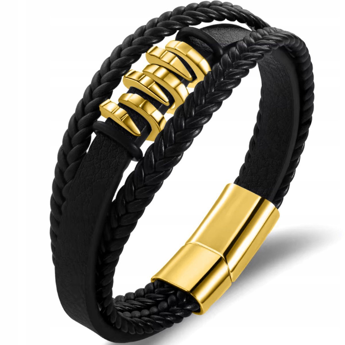 BRANSOLETKA MĘSKA SKÓRZANA POTRÓJNA ZŁOTA CZARNA MOCNA DLA TATY STAL