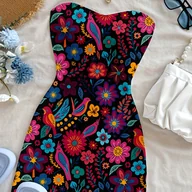 Sukienki - TEMU Damska Sukienka w Stylu Boho Meksykanin - Krótki Bezrękawnik z Odkrytymi Ramionami, Turkusowo-Niebiesko-Wielokolorowy Kwiatowym Wzorem A-Liniowa - miniaturka - grafika 1