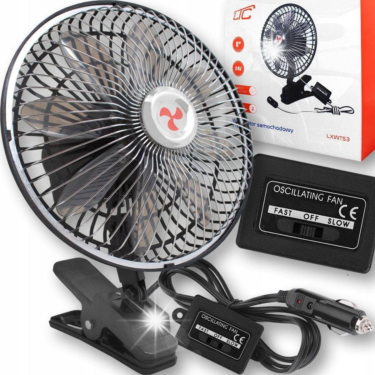 DUŻY WIATRAK WENTYLATOR SAMOCHODOWY OBROTOWY REGULOWANY OSCYLACJA 12V i 24V