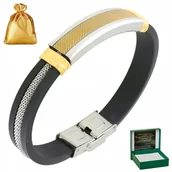 Bransolety męskie - BRANSOLETKA MĘSKA SKÓRZANA ZŁOTA / CZARNA / SREBRNA REGULOWANA + DEDYKACJA - miniaturka - grafika 1