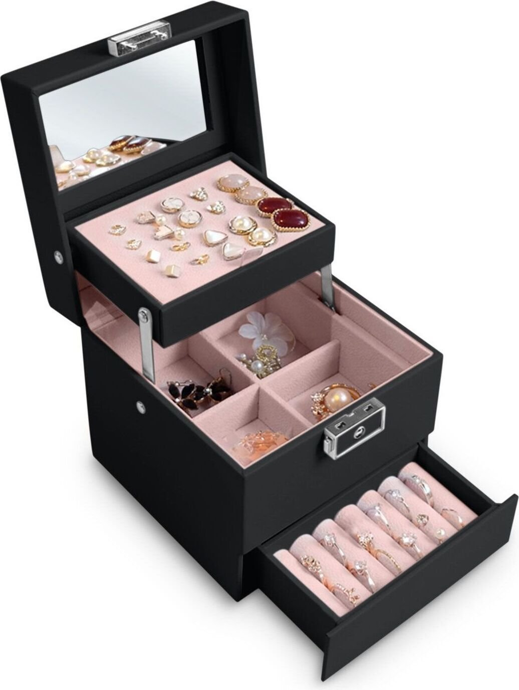 Pojemna szkatułka na biżuterię, Massido, 13x13x13 cm, czarna