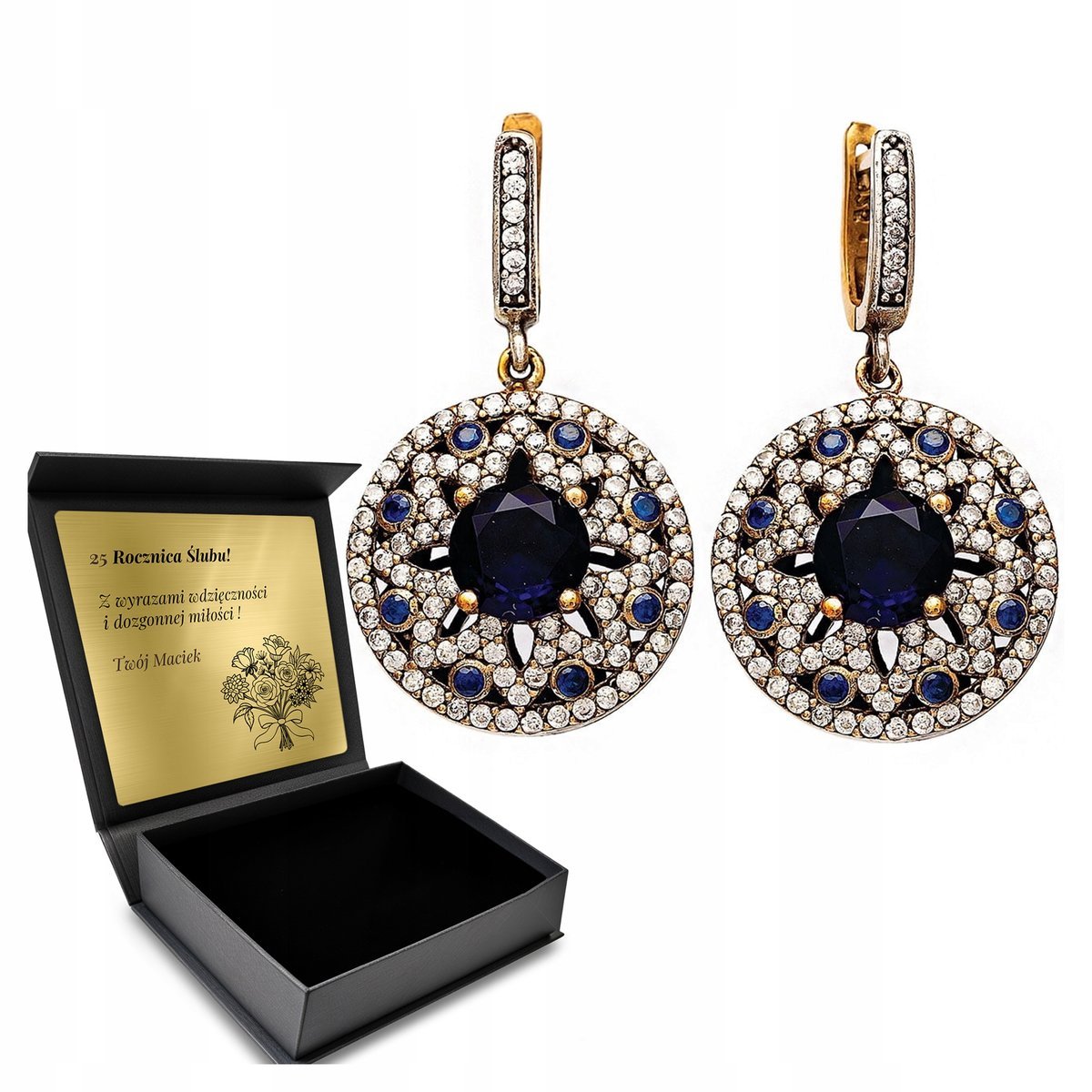 Kolczyki Srebrne 925 Cyrkonie Szafir Biżuteria Dla Kobiety + Grawer