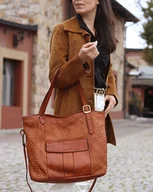 Torebki damskie - Duża torebka pleciona na ramię shopperka skórzana - brąz camel - miniaturka - grafika 1