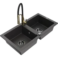 Zlewozmywaki z baterią - Mexen Mario zlewozmywak granitowy 2-komorowy z baterią kuchenną Aster, czarny nakrapiany - miniaturka - grafika 1