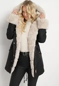 Kurtki damskie - Czarno-Beżowa Kurtka Parka z Futerkiem i Kapturem Aresja - miniaturka - grafika 1