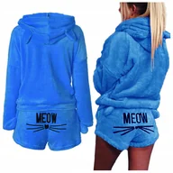 Piżamy damskie - Ciepła piżama kotek pluszowa meow niebieska - XL - miniaturka - grafika 1