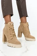 Botki damskie - Beżowe botki skórzane na słupku sznurowane PRODUKT POLSKI Casu 2408-021-40 - miniaturka - grafika 1