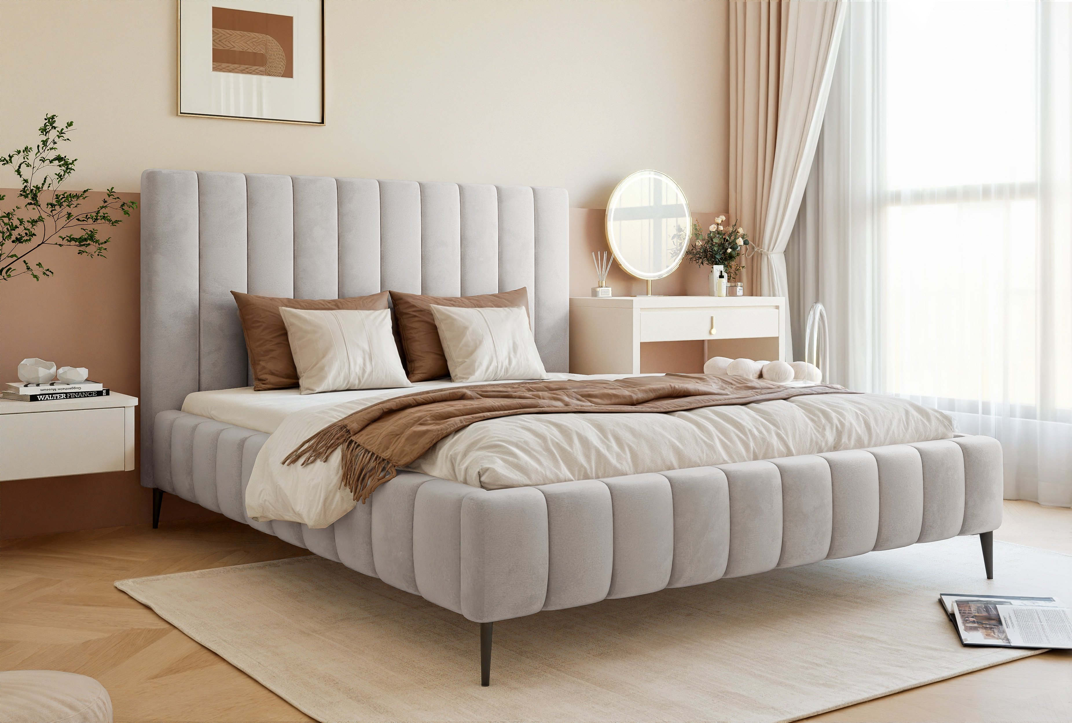Besilio Möbel - Podwójne łóżko 120x200 Tina II Slim aksamitna tkanina - Designerskie łóżko z listwową ramą, wezgłowiem i podstawą łóżka - Jasnoszary & Velluto 15