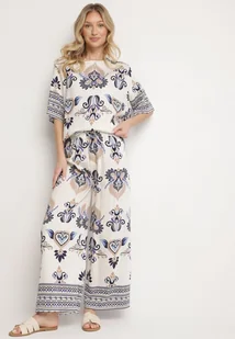 Niebieski Komplet z Wiskozy w Etniczny Wzór Szerokie Spodnie i Bluzka T-shirt Polliviane - Komplety damskie - miniaturka - grafika 1