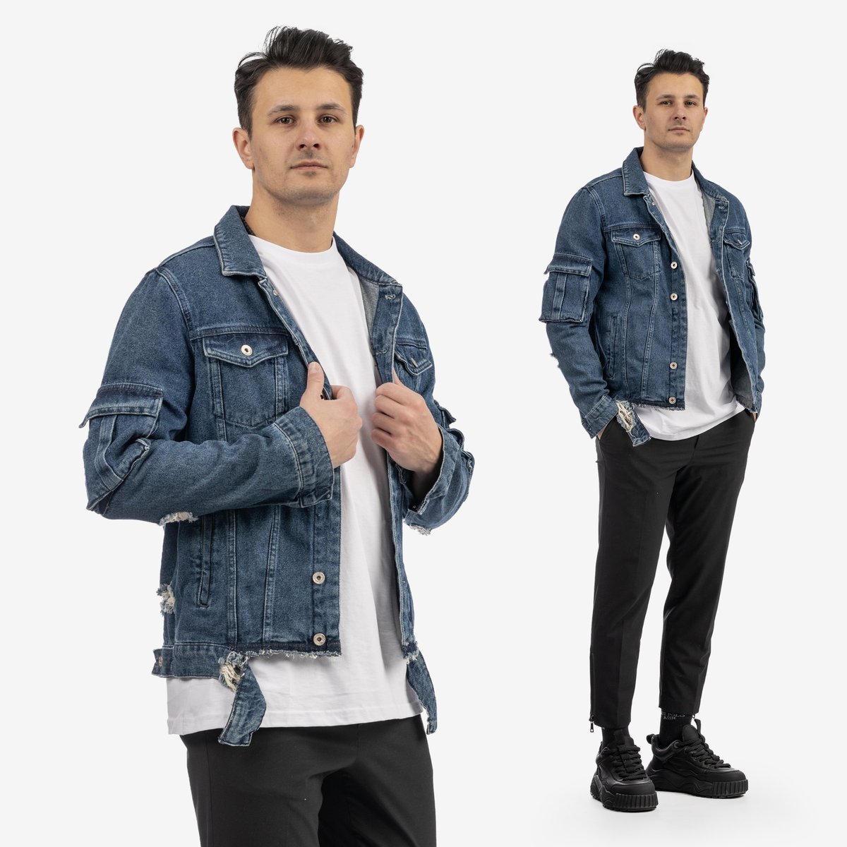 Katana Jeansowa Męska Kurtka Z Przetarciami Bawełna Casual Denim L Granatowy