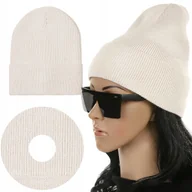 Czapki damskie - Czapka Damska Kobieca Beanie Wywijana Na Jesień Zimę Ciepła Beż Beżowy - miniaturka - grafika 1