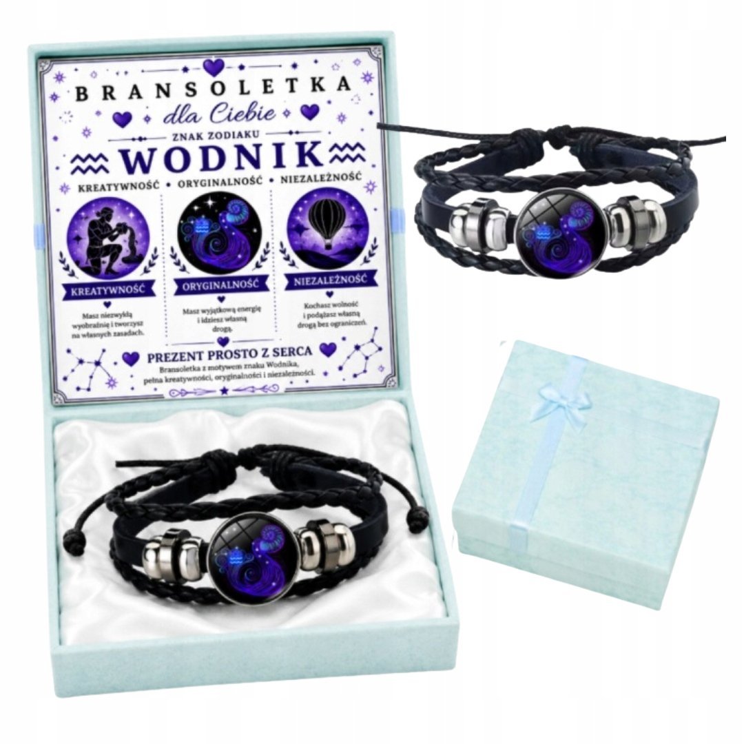 Bransoletka Wodnik Czarna Regulowana z Kartką Zodiakalną w Pudełku