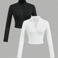 Bluzki damskie - TEMU Kobiety Casual Dwuczęściowy Zestaw - Dopasowany Długi Rękaw Zamek & Jednokolorowy Crop Top, Szczegół Zamek, Okrągły Dekolt, Kolekcja - miniaturka - grafika 1