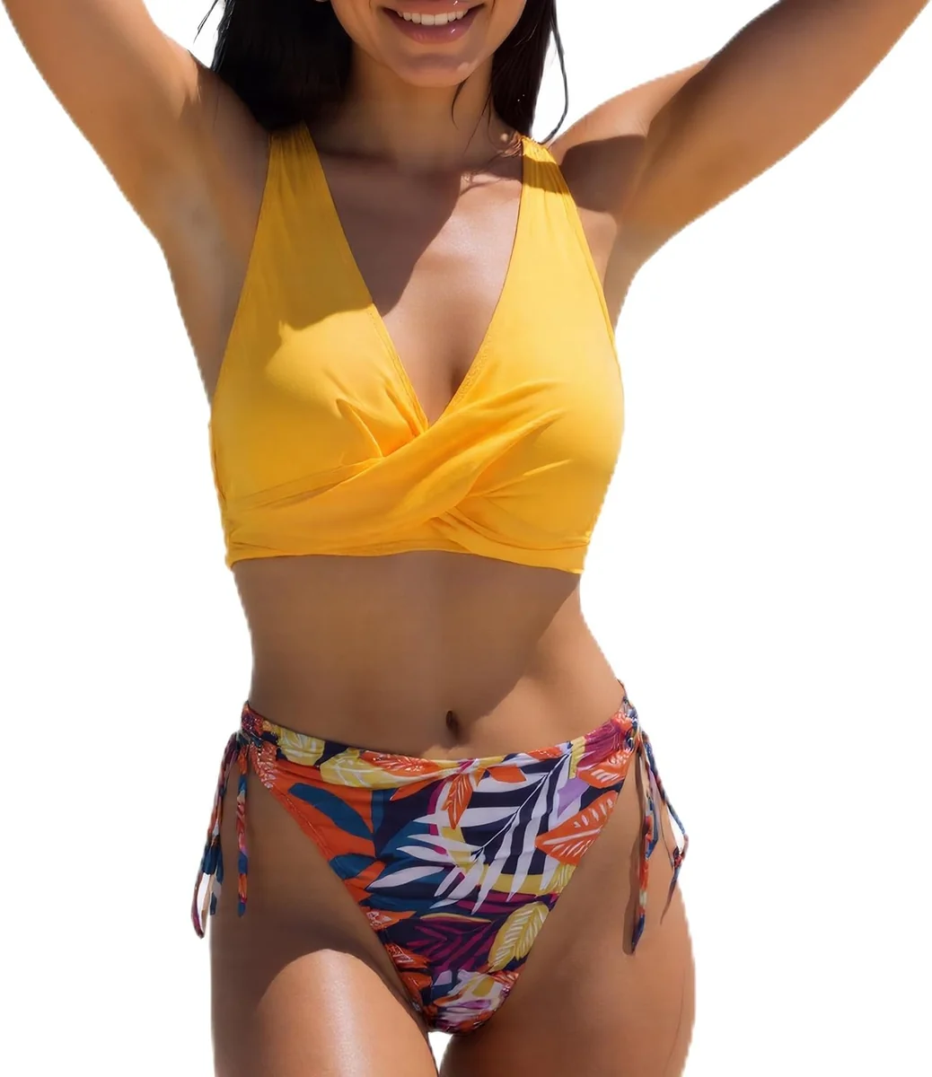 Dwuczęściowe Bikini Push Up Twist-Front Kwiatowy Żółte Rozmiar XXL