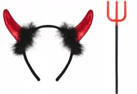 Dodatki do strojów karnawałowych - Zestaw Opaska Rogi Diabła +Widły Diabła czerwono-czarne - miniaturka - grafika 1