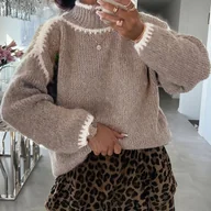 Swetry damskie - TEMU Sweter damski z wysokim kołnierzykiem w kolorowe bloki / Miękka i ciepła tkanina na jesień/zimę / Kontrastowy design brzegów / Casualowa - miniaturka - grafika 1