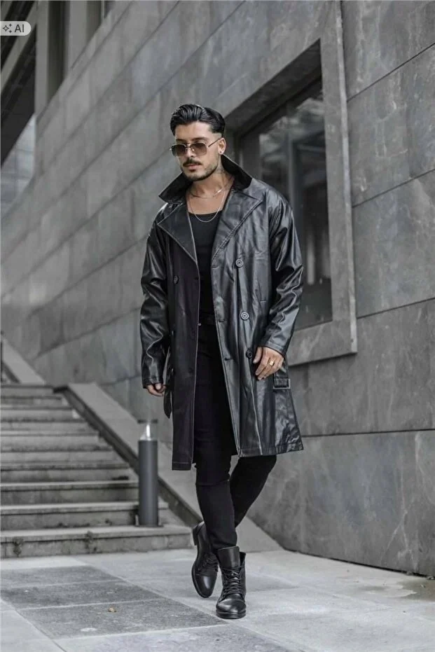 DŁUGI LAKIEROWANY PŁASZCZ MĘSKI W STYLU ELEGANCKIM S 5IA