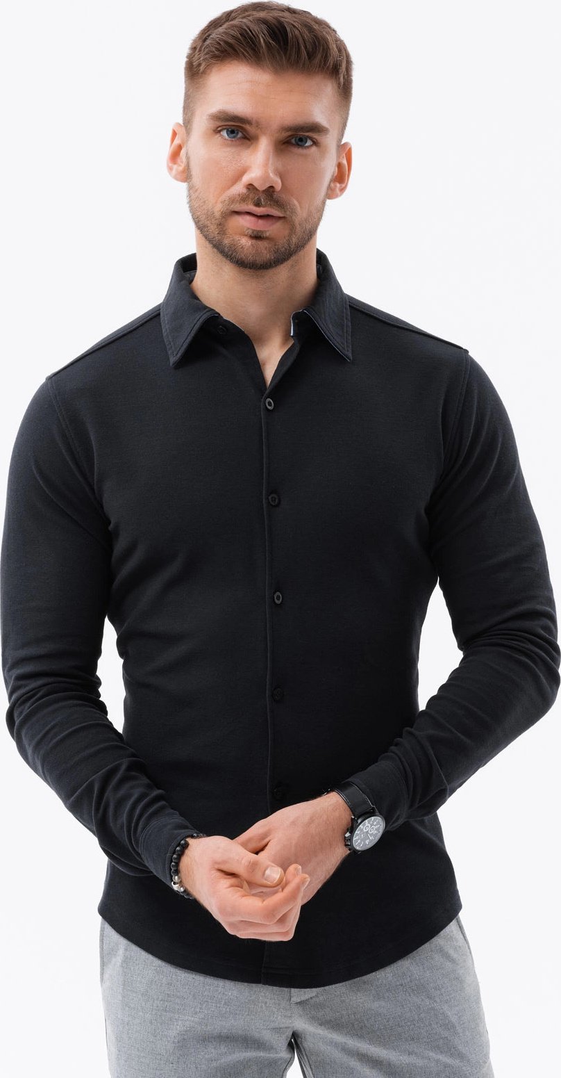 Ombre koszula męska z dzianiny SLIM FIT długi rękaw czarny L