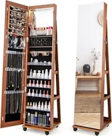 Biżuteria - akcesoria - COSTWAY Szafka na biżuterię na kółkach, zamykana szafka z lustrem z oświetleniem LED i regulowanymi półkami, stojący stojak na biżuterię z lustrem na całej długości na naszyjniki, kolczyki, makijaż (brązowy) - miniaturka - grafika 1