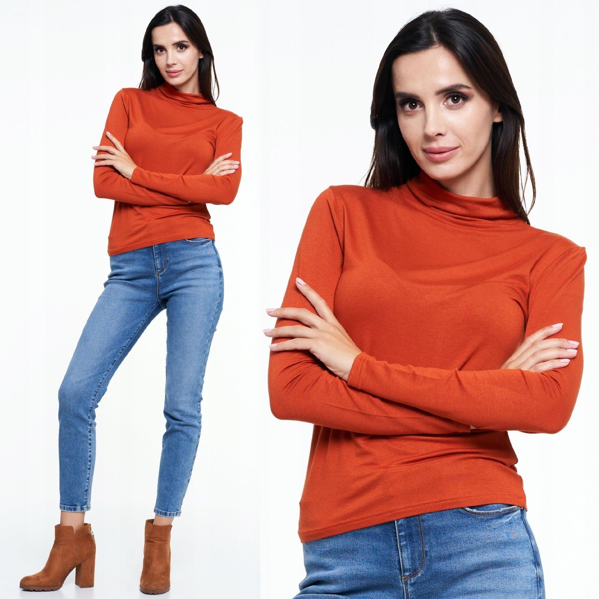 BLUZKA DAMSKA NA DŁUGI RĘKAW GOLF GŁADKI MORAJ M ORANGE