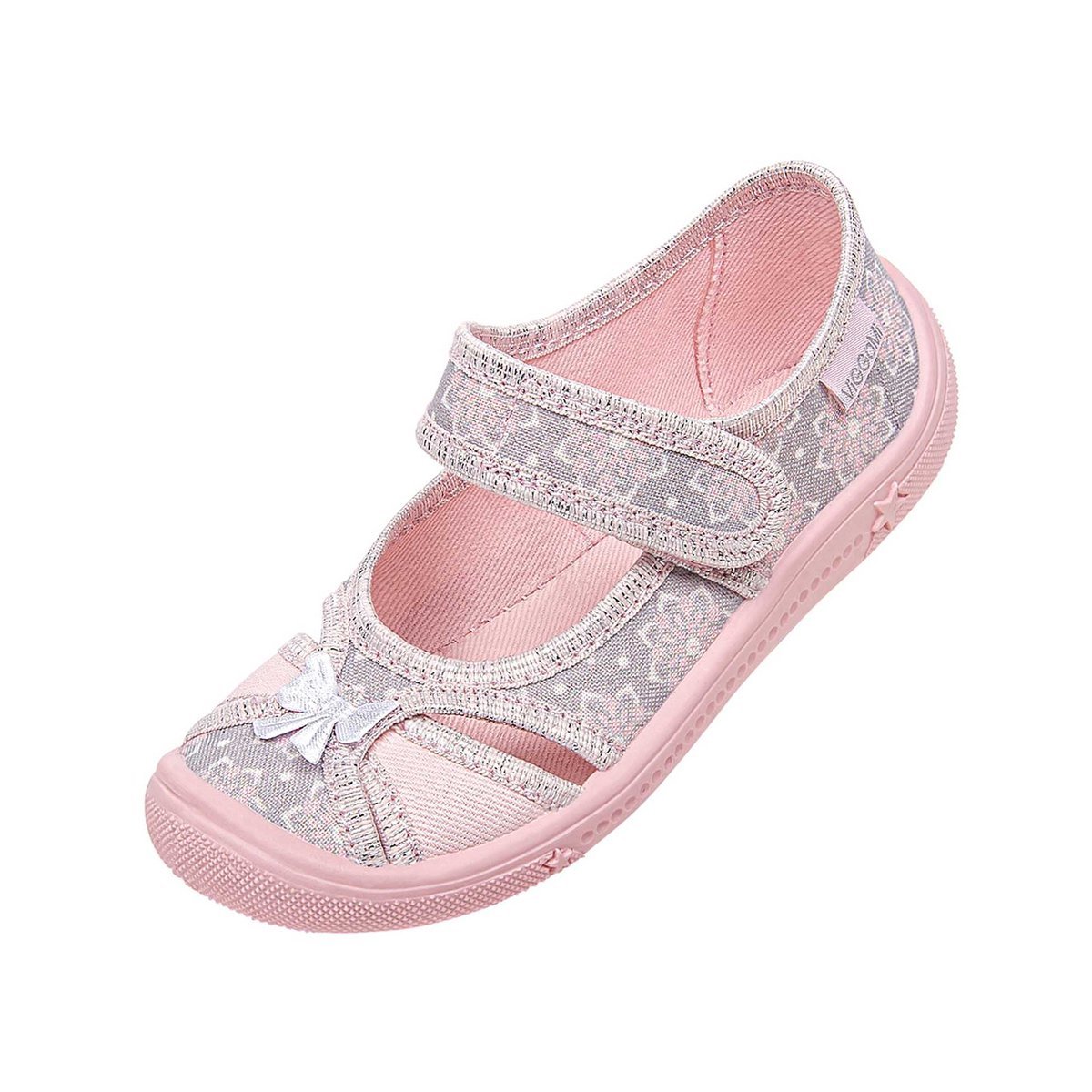 Jasnoróżowe kapcie dziewczęce z nadrukiem kwiaty i kokardką 3D