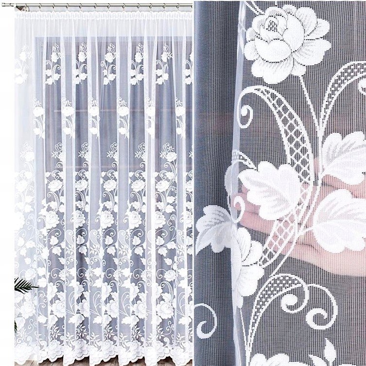 Firana żakardowa wzór 023006, 400x230cm prosta w kwiaty (z obszyciem)