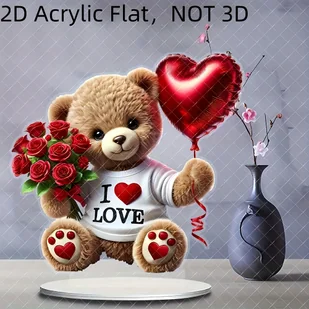 TEMU 1 szt., 2D Akrylowy Płaski, Uroczy Styl Akrylowy Miś z Różami i Balonami w Kształcie - Wzór "Kocham", 8.7x7.87 cali - Odpowiedni do Domu, Biura, - Inne - miniaturka - grafika 1