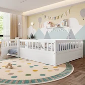 Łóżka dla dzieci i młodzieży - Łóżko dziecięce 140 x 190 cm z barierkami i drzwiczkami - Sosna + sklejka - Bez stelaża i materaca - Szare - miniaturka - grafika 1