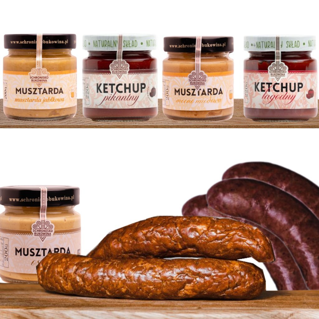 Zestaw grillowy Klasyczna Polska Majówka Schronisko Bukowina: kiełbasa wiejska 1 kg + kaszanka naturalna ok. 500 g + 3 musztardy 200 g + ketchup łag..