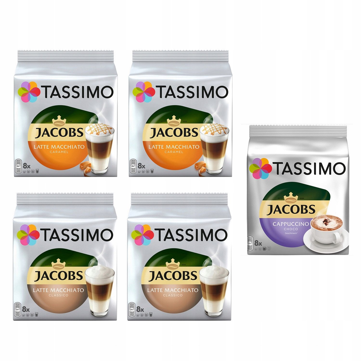 Kapsułki Tassimo Latte Macchiato Classico, Caramel, Cappucino Choco 5 op.