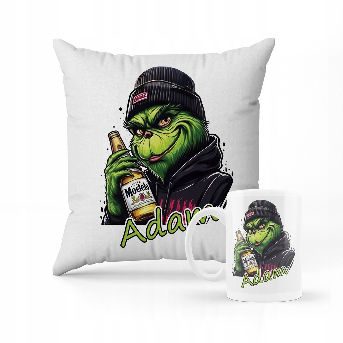 ZESTAW PODUSZKA + KUBEK Grinch święta + IMIĘ