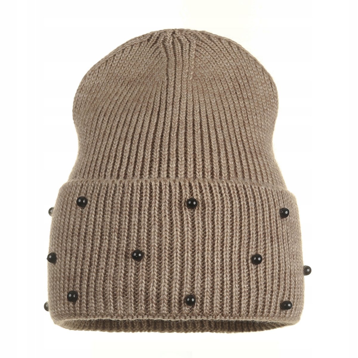 Czapka Damska Kobieca Beanie Perełki Wywijana Ciepła Jesienna Ciemny Beż