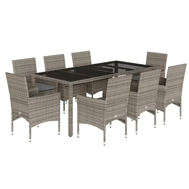 Zestaw mebli ogrodowych szary rattan PE 190 x 90 x 75 cm, 8 krzeseł 53 x 6