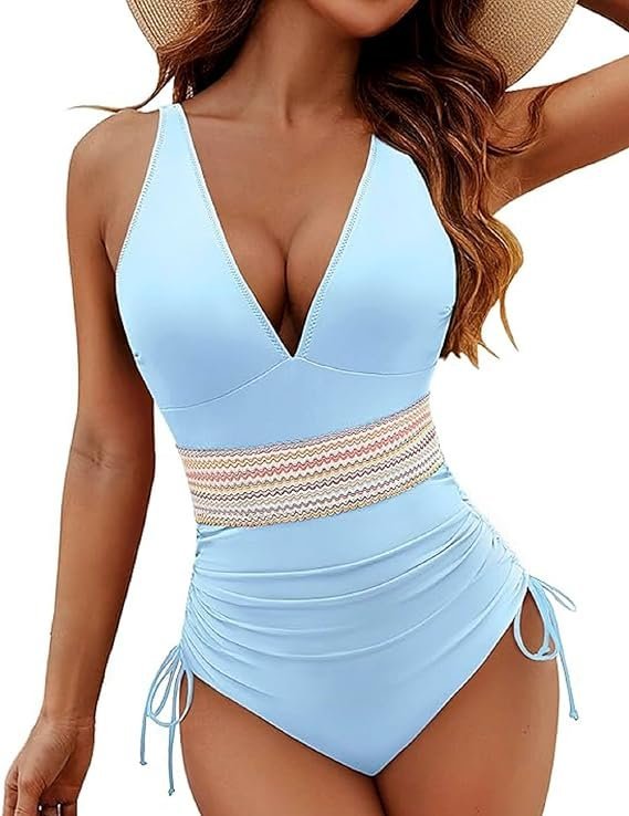 Strój Kąpielowy Damski Jednoczęściowy z Wysokim Stanem Niebieski S